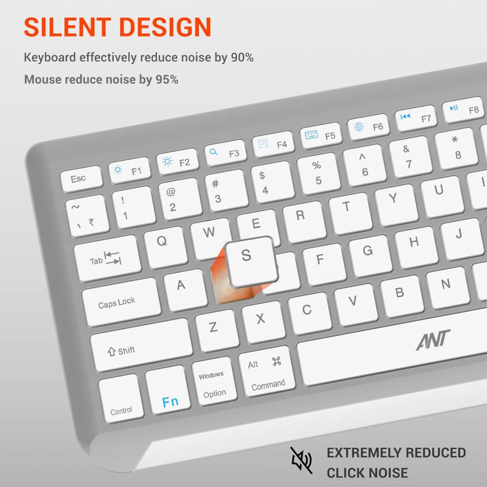 Ant Value Wireless Keyboard Mouse Combo White Silver (WK250) view 7